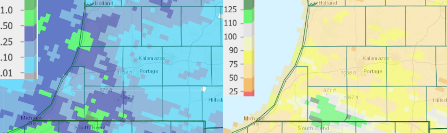 Precipitation totals for the past seven days (left) and percent of normal for the past 30 days (right) as of May 17.